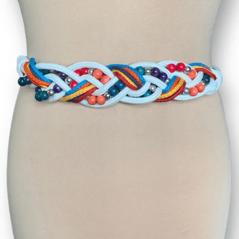 Vintage Bungee Colorful Woven Rope Beaded Belt Hook Closure Boho Statement